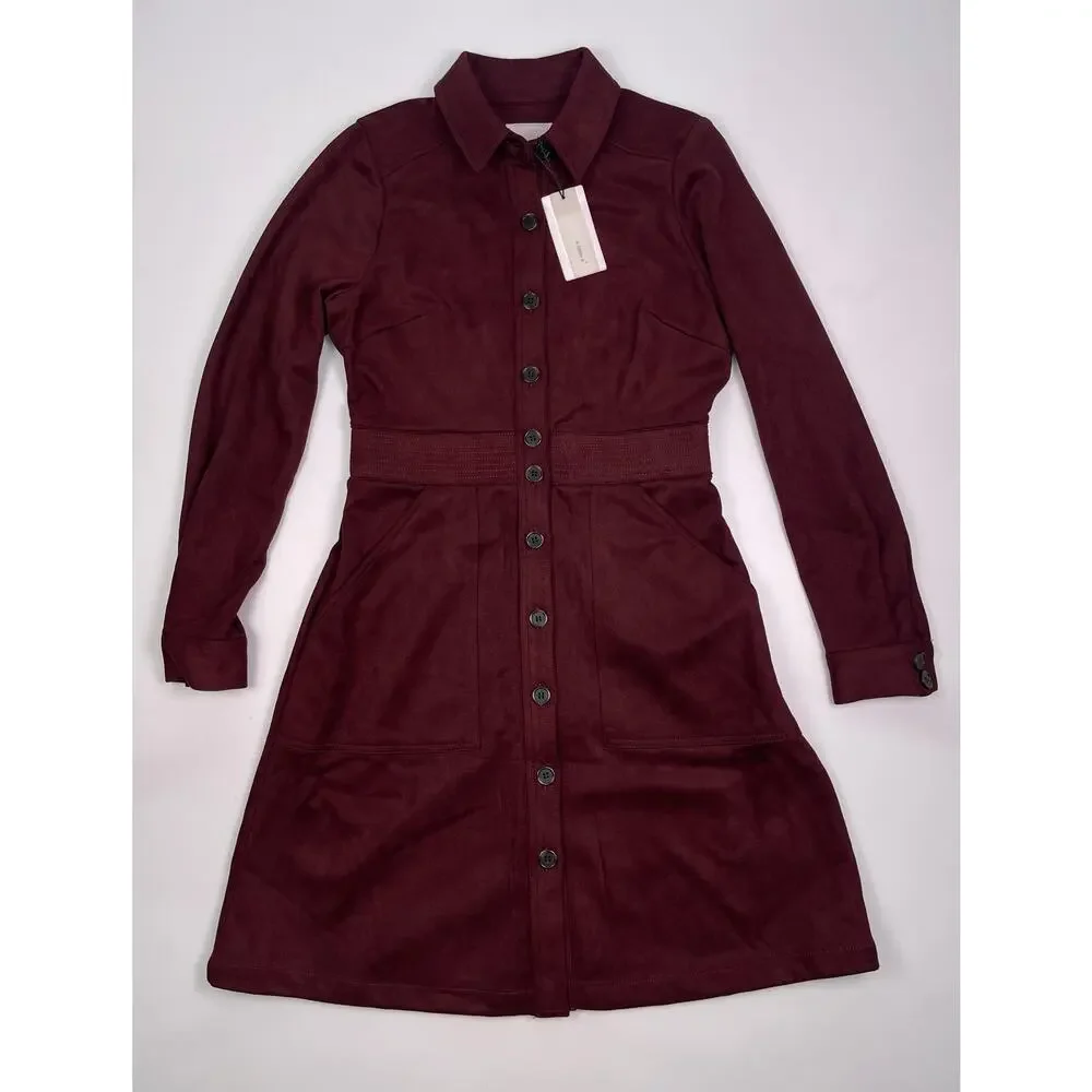 NWT A Loves A Burgundy Faux Suede Button Front Long Sleeve Dress Size M - Picture 6 of 11